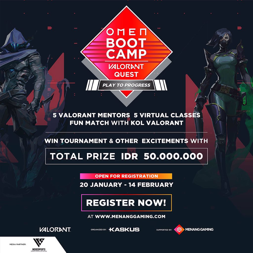 Calling all VALORANT players!
 
OMEN X AMD RYZEN presents OMEN Bootcamp akan segera digelar. Ayo, daftarkan diri kamu sekarang juga dan menangkan hadiah total Rp 50,000,000.
 
Pendaftaran: 20 Januari - 14 Februari 2021
Link Pendaftaran: menanggaming.com
 
FREE REGISTRATION
