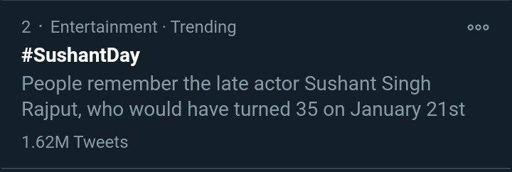 Track Twitter on our beloved Sushant Singh Rajput birthday.  #SushantDay 9:00pm :1.62M for  #SushantDay