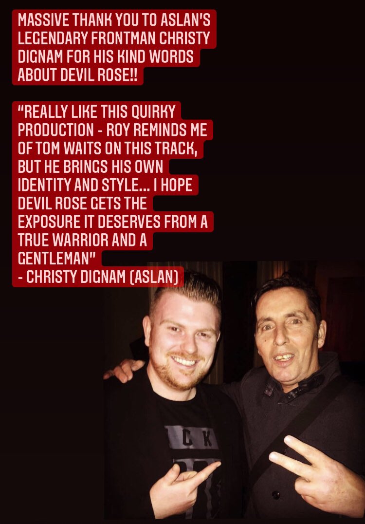 roybuckleymusic's tweet photo. Massive thank you to Aslan’s legendary frontman Christy Dignam for his kind words about Devil Rose !!
#DevilRose #NewMusic #NewSingle #NewRelease #NewSong #LockdownMusic #Music #RoyBuckley #Singer #Songwriter https://t.co/GlNOx3whGH