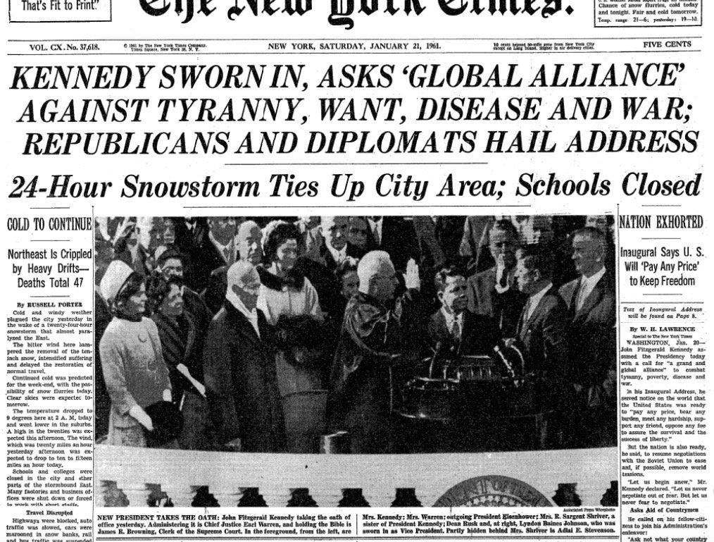 BeschlossDC's tweet photo. “Kennedy Sworn In”—New York Times, sixty years ago today: https://t.co/QM268HpPcn