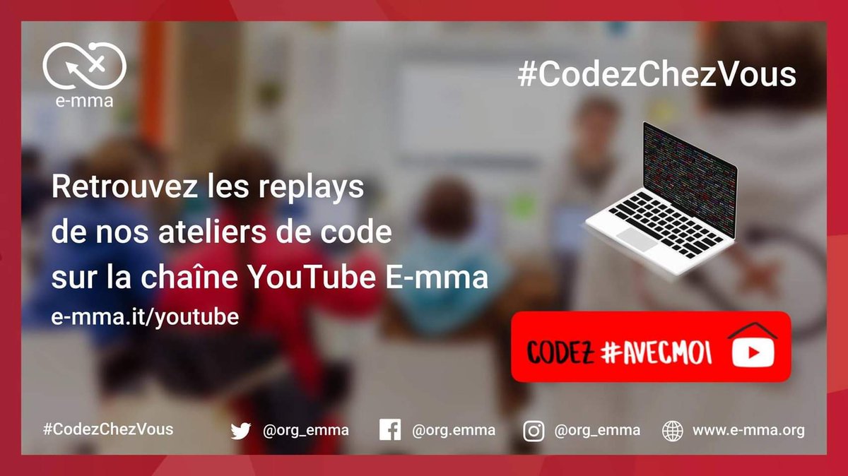 L'association E-mma vous propose des ateliers d'introduction à la programmation pour les 8 à 12 ans et les 13 à 16 ans 💻
Aucune compétence particulière n'est requise ! 
 
Les replays de nos sessions #CodezChezVous 👉 e-m.ma/youtube

Le planning e-m.ma/codezchezvous-…