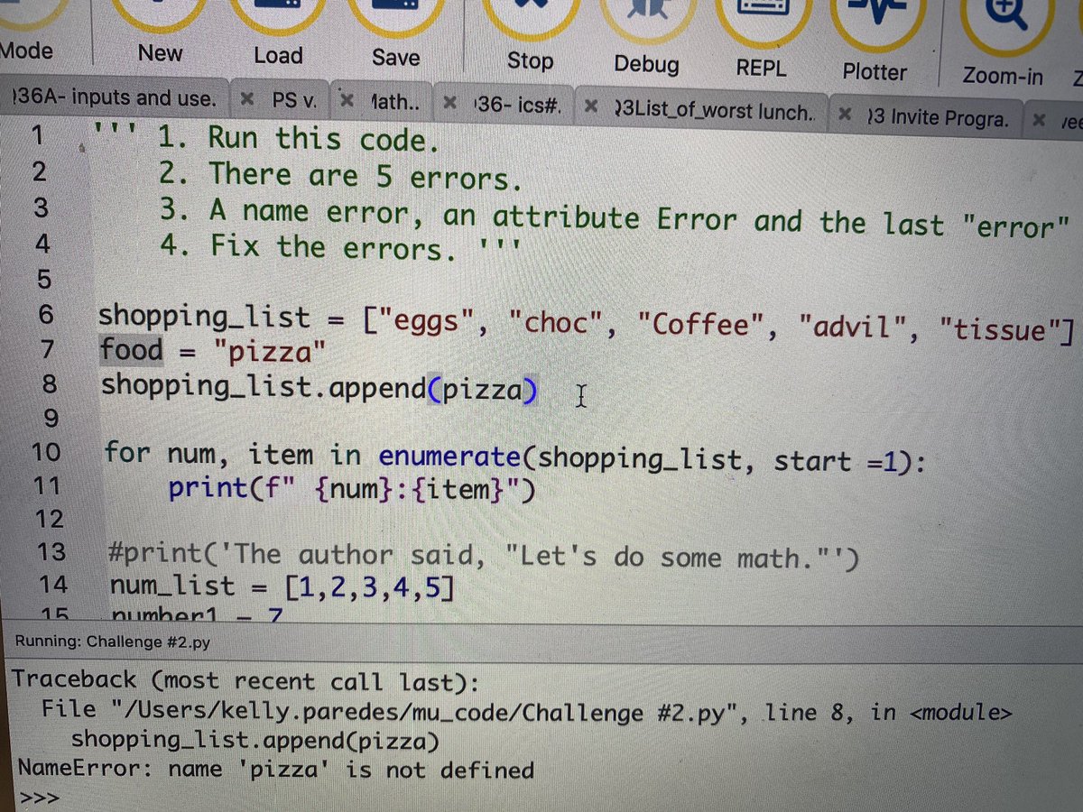 KellyPared's tweet photo. I wish I had a recording of my classes!
Today, a 6th grader explained something beautifully-
He explained ONE way to fix a name error (appending a list), he said w/ confidence: “you need to append the element/object not the value.“ #classchallenges #desirabledifficulties https://t.co/5Spa4OMqaJ