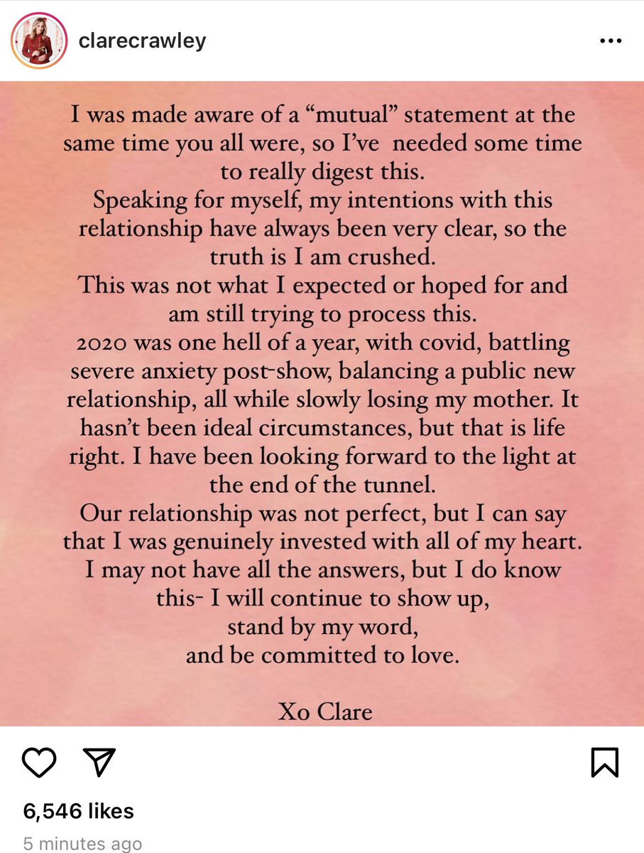 RealitySteve's tweet photo. Clare has released a statement on her IG. Judging by that, clearly seems she was caught off guard by Dale’s break up post. https://t.co/ta367wWtcX