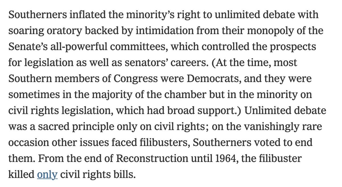 The de facto supermajority threshold was first forged against civil rights. Jim Crow-era segregationist senators repurposed a 1917 Senate rule to force every civil rights bill to clear a supermajority threshold, blocking them all. Only civil rights bills were blocked in this way.