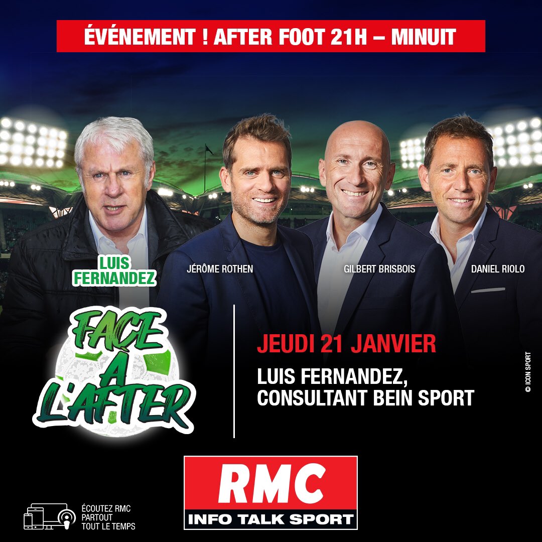 Ce soir dès 21h dans <a href="/AfterRMC/">After Foot RMC</a> place à Luis Fernandez pour  #FaceAlAfter sur @RMCinfo 🤩

🎙Face à l’After, vous connaissez le principe? Une personnalité du monde du foot vient débattre en plateau avec les membres de l'After sur tous les sujets du moment !
<a href="/Fernandez_beIN/">Luis Fernandez</a> 💥⚽️