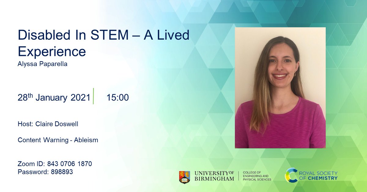 claire_codes_'s tweet photo. To start off the Identifying Barriers In STEM seminar series, we have Alyssa Paparella giving a talk entitled 'Disabled In STEM - A Lived Experience'

#Inclusion #Diversity #STEM #AcademicTwitter #BarriersInSTEM https://t.co/GsCBUYrVhv