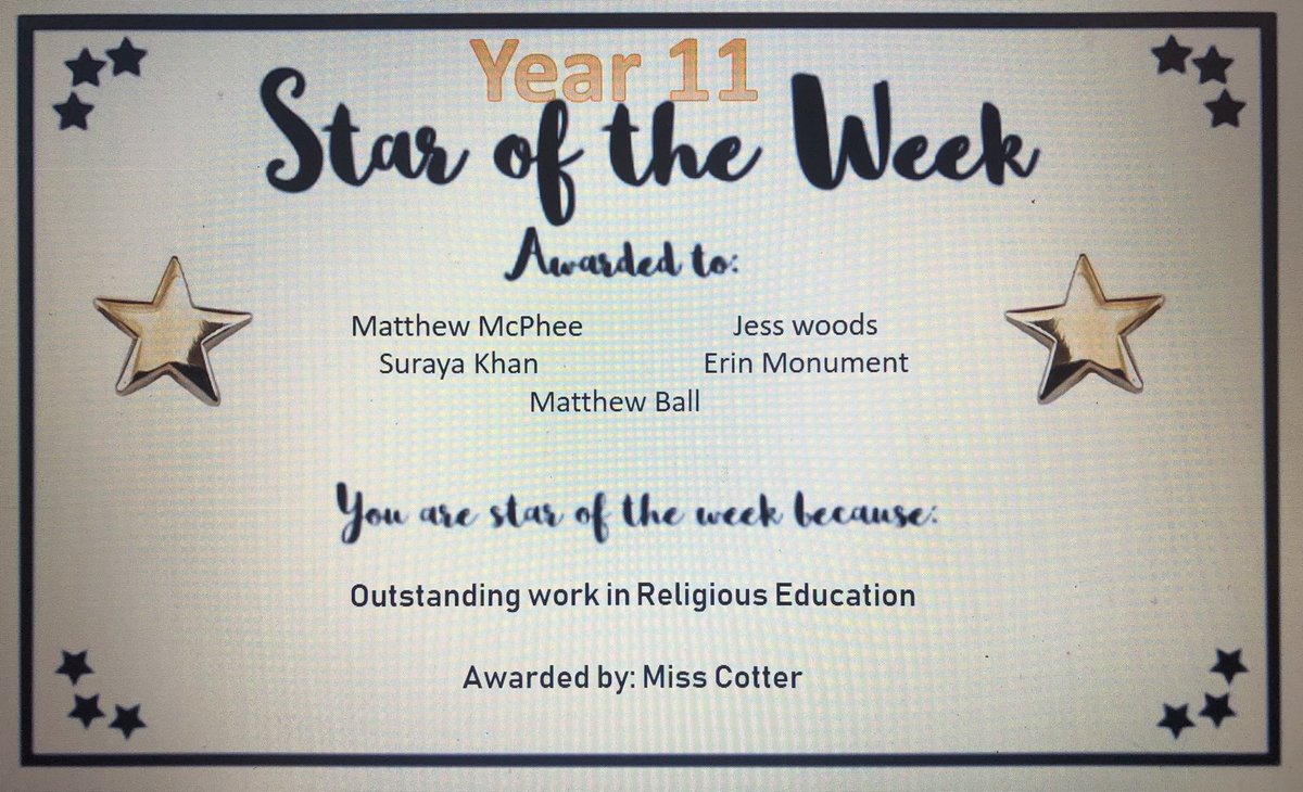 RYear11's tweet photo. Miss Cotter (RE) Mr Heayns (History) & Mrs Moran (T&T) nominated their Year 11 stars of the week ⭐️ Fantastic effort to all these students for their efforts 🙌🙌 #hardworkleadstosuccess https://t.co/98DveTRgWX