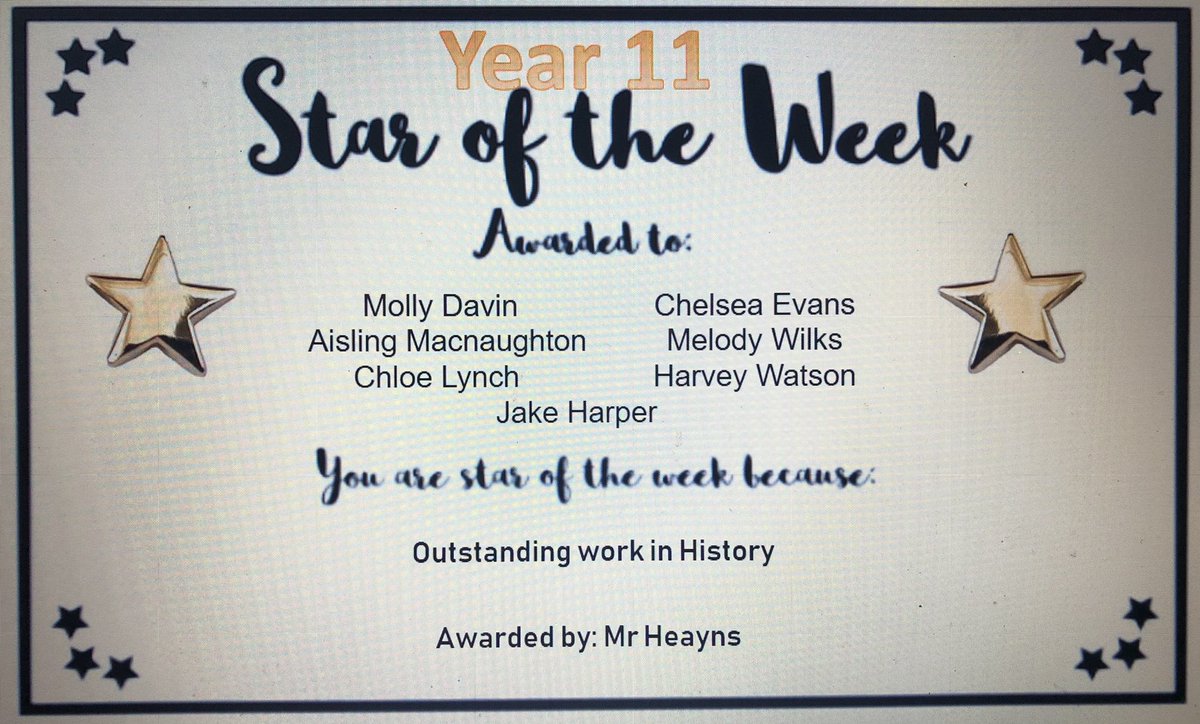 RYear11's tweet photo. Miss Cotter (RE) Mr Heayns (History) & Mrs Moran (T&T) nominated their Year 11 stars of the week ⭐️ Fantastic effort to all these students for their efforts 🙌🙌 #hardworkleadstosuccess https://t.co/98DveTRgWX