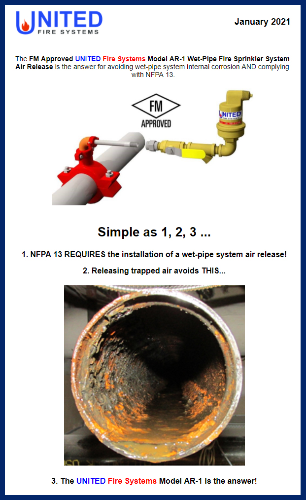 unitedfiresys's tweet photo. UFS has more combined experience in fire sprinklers AND corrosion prevention technology than anyone! The FM Approved Model AR-1 Wet-Pipe Fire Sprinkler System Air Release is the answer for avoiding wet-pipe internal corrosion AND complying with NFPA 13.  

https://t.co/KCgGSVn5LK https://t.co/qqbg23RjoP