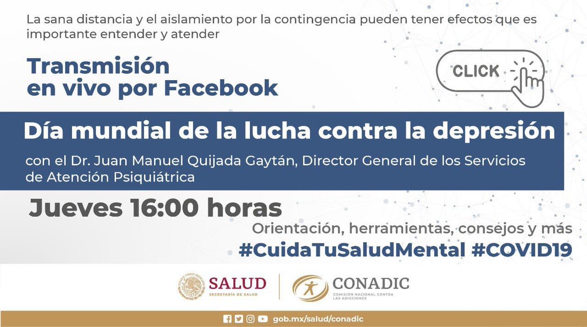 Te esperamos hoy a las 16:00 h, en el #FBLive: ¿Qué es la #depresión y cómo se diagnostica?, en el marco del Día Mundial de la Lucha contra la Depresión. Acompaña al Dr.@psiquijada, Dir. Gral. de @Psiquiatria_SAP. Sigue la transmisión por #Facebook y #Twitter https://t.co/h8kDPQr6KP