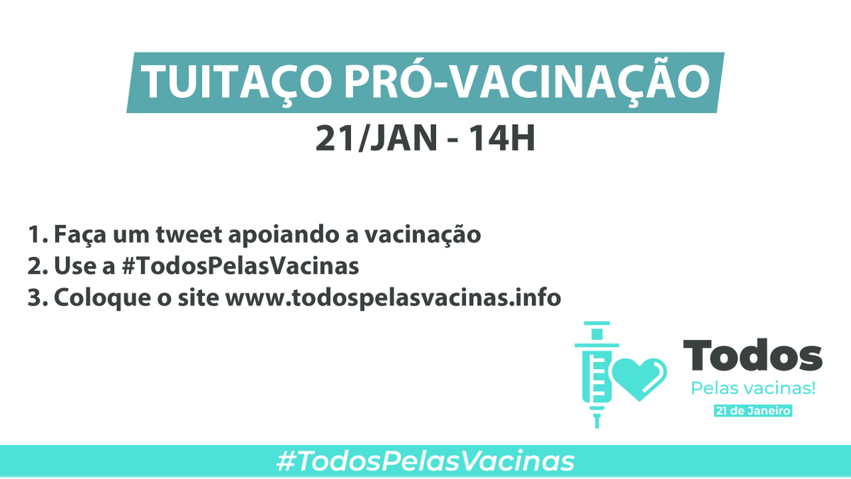 Vai rolar um tuitaço hoje, às 14h, da campanha Todos Pelas Vacinas 

1. faça um tweet apoiando a vacinação
2. use a #TodosPelasVacinas 
3. coloque o site para a galera visitar: todospelasvacinas.info

 #TodosPelasVacinas