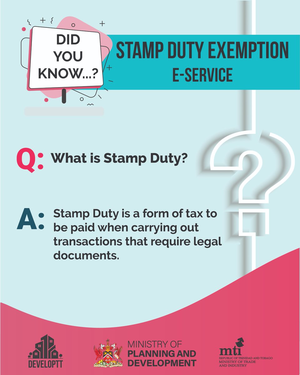 PlanningTT's tweet photo. (1/2) How much do you know about Stamp Duty Exemption?
The TCPD will soon be unveiling these two E-services via its online platform, DevelopTT. 
Swipe ➡ to get all the information you need on the Stamp Duty Exemption E-service. 
#developtt #stampduty #stampdutyexemption https://t.co/z0bzSfbcLV