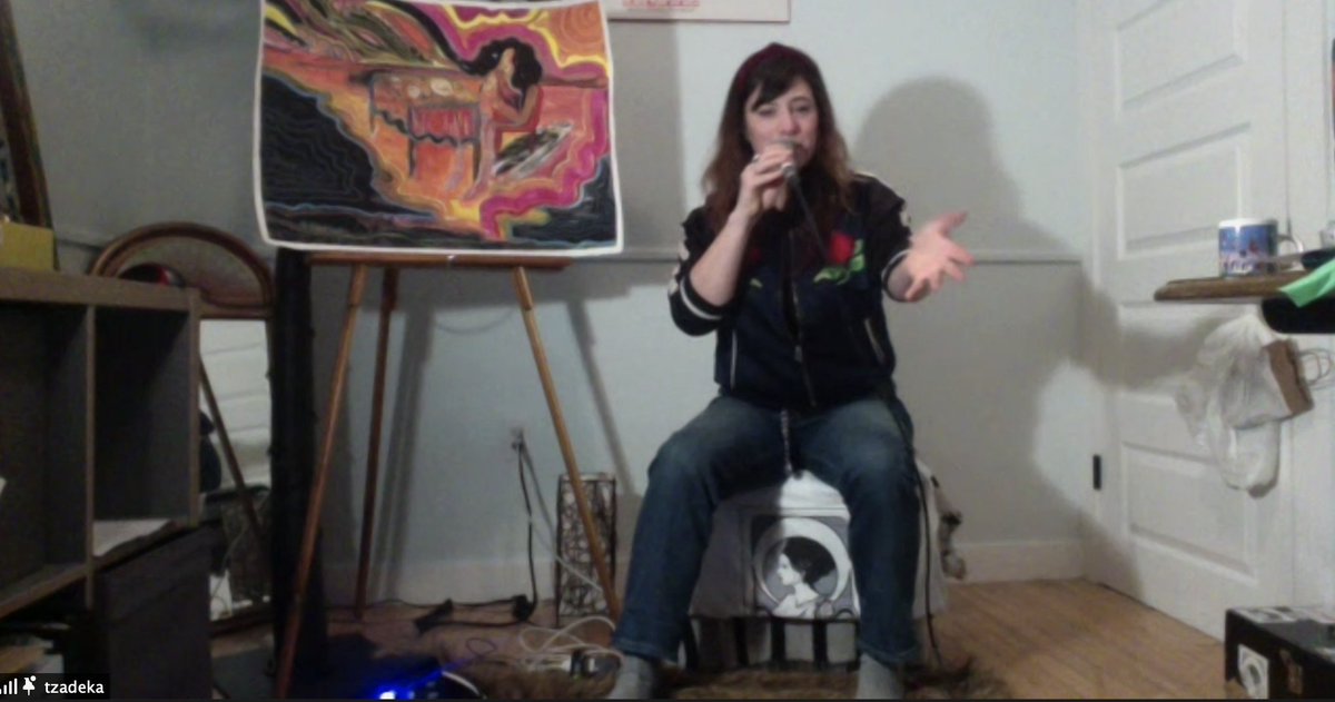SpotlightMoving's tweet photo. Tzadeka's online concert last night with Moving Spotlight showcased her energy, improvisational skills, and commitment to social justice. We donated all the proceeds to Bear Clan Patrol Beaver Hills House, which came out to $110. 
--
#yeg #yegmusic #MovingSpotlight #OnlineShows https://t.co/TmphFTXd62