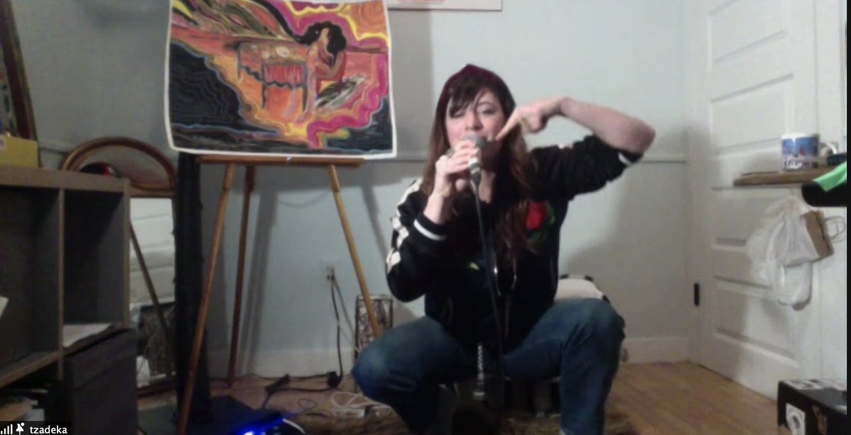 SpotlightMoving's tweet photo. Tzadeka's online concert last night with Moving Spotlight showcased her energy, improvisational skills, and commitment to social justice. We donated all the proceeds to Bear Clan Patrol Beaver Hills House, which came out to $110. 
--
#yeg #yegmusic #MovingSpotlight #OnlineShows https://t.co/TmphFTXd62