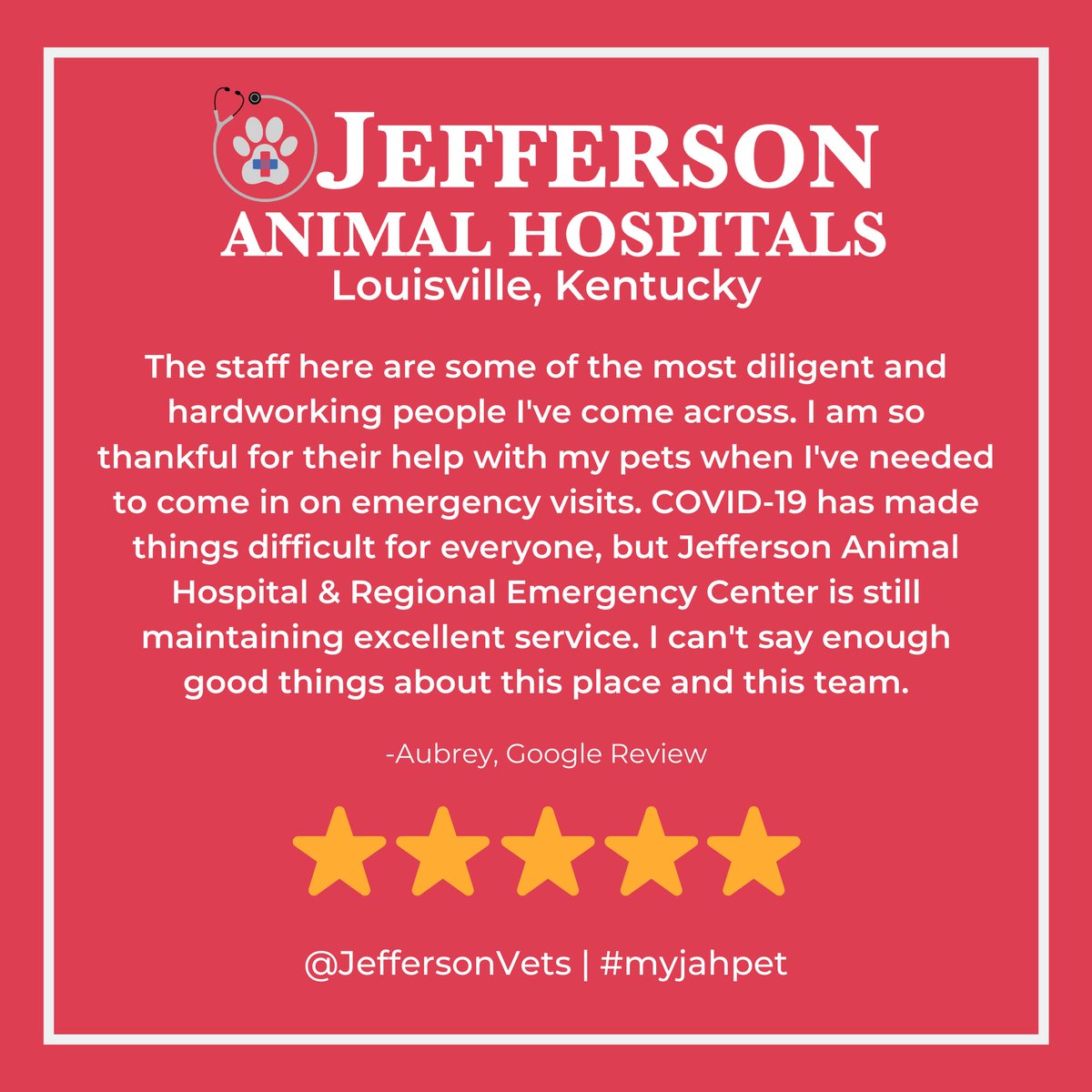 JeffersonVets's tweet photo. Thank you very much for the uplifting words Aubrey. While COVID-19 has introduced challenges, we are doing our very best to maintain the integrity and reputation of exceptional care that we have been known for, for the last 40 years 💙 🐾  #review #google #googlereview #covid https://t.co/L8jAbHoVXM