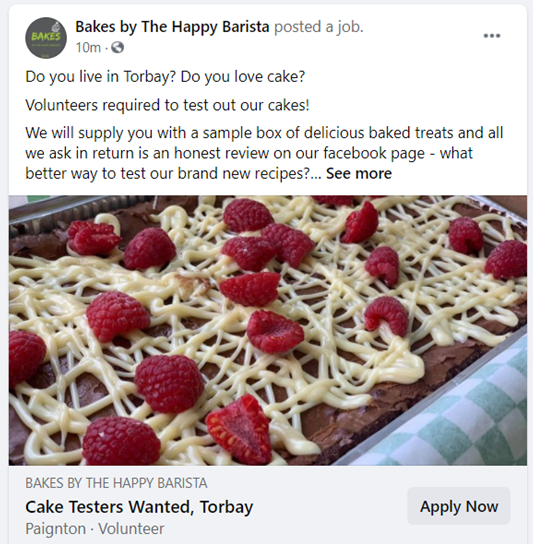 BakesTorbay's tweet photo. Cake Testers Wanted!  Do you live in #Torbay? Do you love #cake?  We are looking for people to taste test our new cake recipes in return for an honest review - contact us via our facebook page to apply!  https://t.co/nE9wAGrsuk

#caketesterswanted #paignton #brixham #torquay https://t.co/Z5ZCQaJUrD