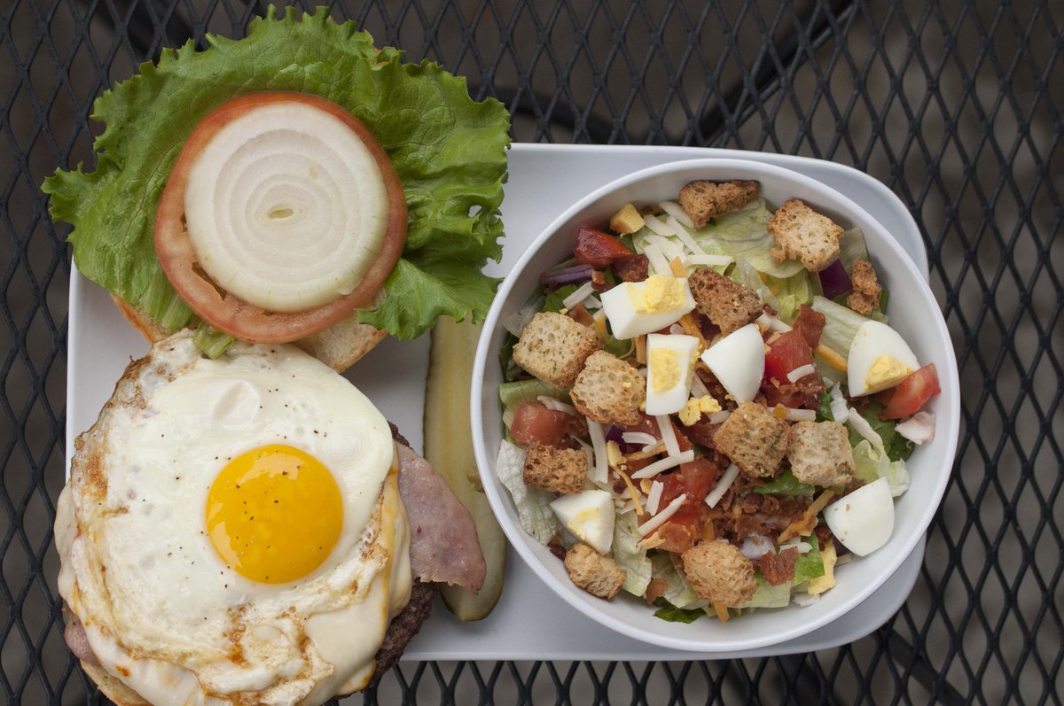 Have you tried our Little Barnyard Burger? Bacon, Ham, American cheese on 1/2 pound Angus beef patty with a sunny side up egg.  Pair it with a side salad and make it healthy! #ourkeytoagoodtimeismeasuredinpints #keystonelewiscenter #sportsbar #livemusic #lewiscenter