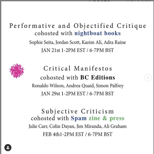 spamzine's tweet photo. Coming up! 

On 4th February, @A__Graham will be joining a Subjective Criticism panel and talking about their amazing SPAM Plaza essay, 'This glint of light on the cut', as part of Manifold Symposium. 

Register here for tix: 

https://t.co/60Hl6M4YrG https://t.co/BISUrawCu7