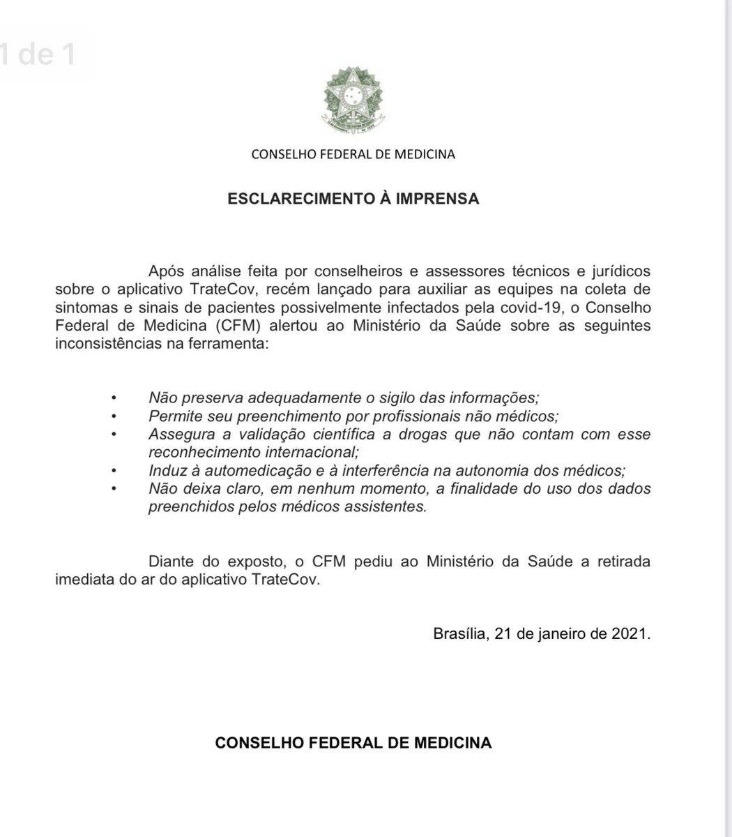MonicaWaldvogel's tweet photo. O @Medicina_CFM se posicionou sobre o bizarro app TrateCov do Ministério da Saúde - aquele em que não importam os sintomas, a receita sempre será o kit fake da Covid. https://t.co/BOhhQDI7bS