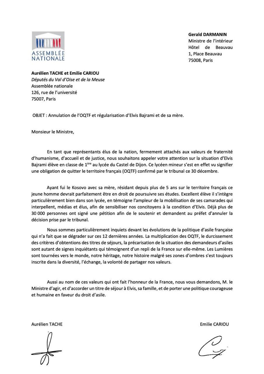 #ElvisReste 

Nos deux présidents <a href="/EmilieCariou/">Émilie Cariou</a> &amp; <a href="/Aurelientache/">Aurélien Taché</a> demandent à <a href="/GDarmanin/">Gérald DARMANIN</a> la régularisation immédiate d’Elvis et de sa famille 

Elvis est au lycée, il est en #France depuis 5 ans avec sa mère, après avoir fui le Kosovo 
 
Soyons solidaires 🤝

#FranceHumaniste ⤵️