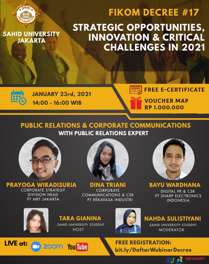 rezasaputraid's tweet photo. 📅 Sabtu, 23 Januari 2021
⏰ 14.00 - 16.00 WIB
🏠 Zoom Meeting &amp; Live on YouTube
💵 Registrasi Free

Daftar sekarang!
Jangan ketinggalan, link dibawah ini:
https://t.co/yb9Zr44u3x

*NB: Kuota Terbatas*
*TERBUKA UNTUK UMUM

#webinar #usahid #zoom #JoinUs #fikom #perhumasindonesia https://t.co/4Fmt65TSyD