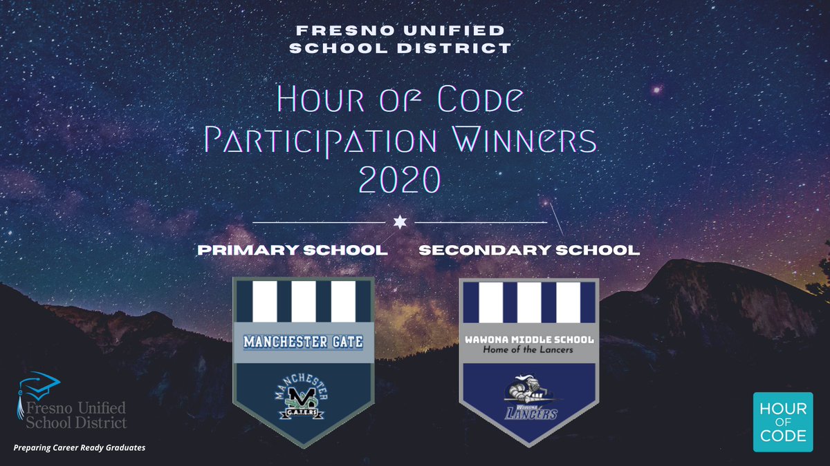 FUSDCoderGirlz's tweet image. Have you hear the great news?  
@fresnounified
 announced the participation winners for 2020&apos;s #ComputerScienceEducationWeek #HourofCode2020!

Primary - Manchester Gate 
@GaterManchester
 
Secondary - Wawona Middle School 
@WawonaLancers

Way to go everyone, Congrats!!!!