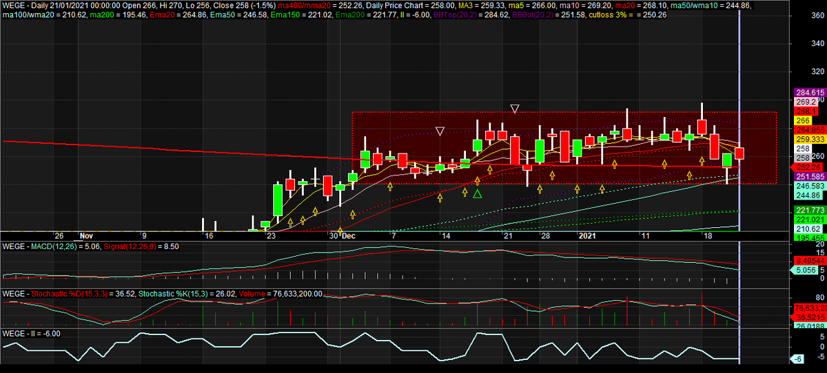 WEGE terlihat masih sideways dan sepertinya akan kembali ke ma terkuat di ma400, yang ingin masuk bisa ngantri di ma400 aja sekitar 250-255. Hari ini market makernya melakukan distribusi.