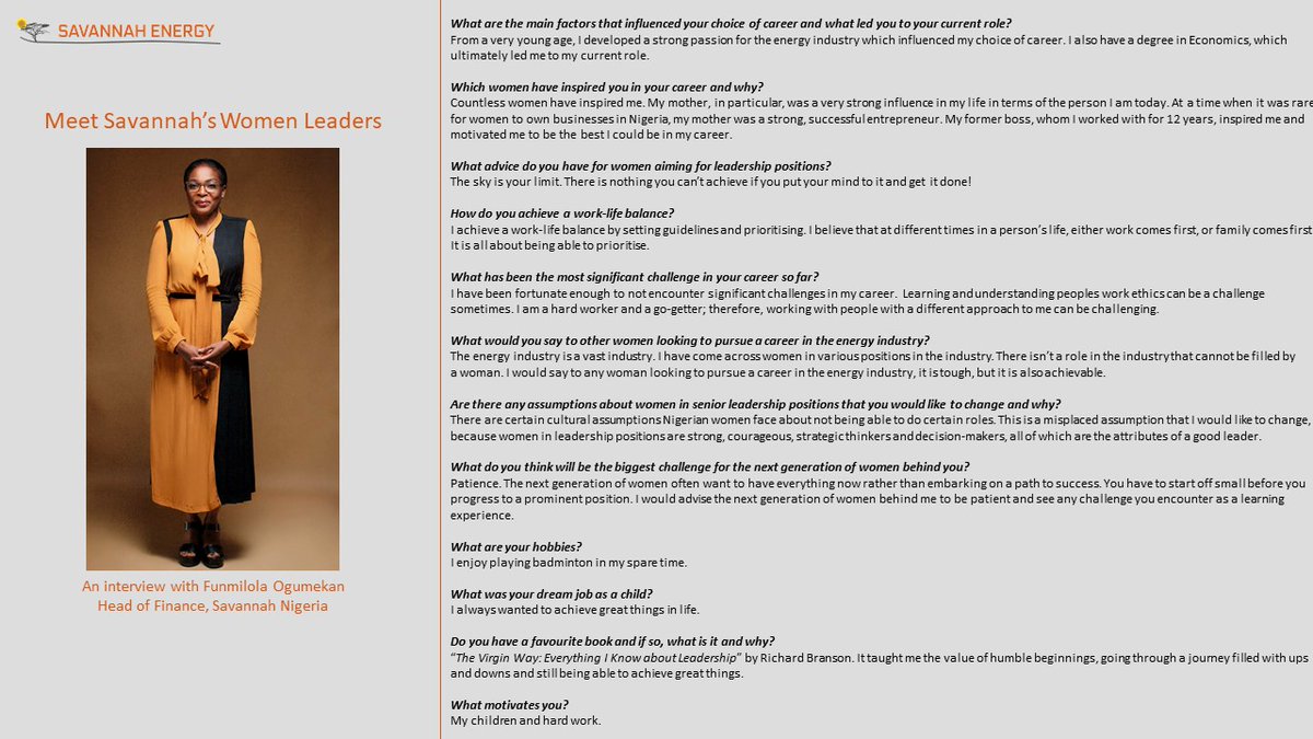 Savannah_Energy's tweet image. Savannah is pleased to release the third in its series of interviews with the Company’s inspirational women leaders. Introducing Funmilola Ogumekan, Head of Finance - Savannah Nigeria