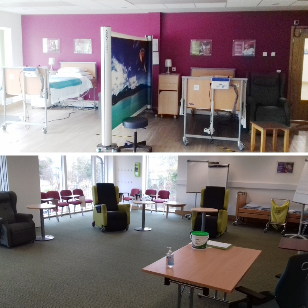 ArthurRankHouse's tweet photo. We're doing all we can to support frontline services at the moment. Our Evelyn Day Therapy lounge has turned into a temporary ward, so more palliative care patients can be transferred from Addenbrookes. While Day Therapy patients have moved upstairs to one of our Education rooms. https://t.co/sR30nt2JKU