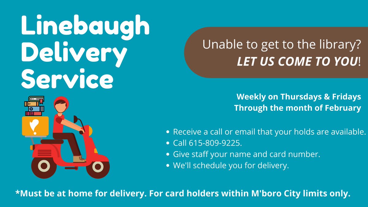 rclstn's tweet photo. While #Linebaugh Library (Main Branch) of the Rutherford County Library System is closed to the public, they will be offering delivery services of some materials to card holders within Murfreesboro city limits, who are otherwise unable to use their curbside services. https://t.co/vPHg94JQcn