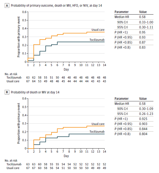 17% toci v 27% placebo progressed to MV or death at day 14. No difference in 28d mortality: 11% v 12%. Steroid use in a pre-steroid world was 33% toci vs 61% placebo—so less salvage needed. The effect of toci greater with steroids (HR 0.38, 90% CI 0.13-1.11) [22/n]