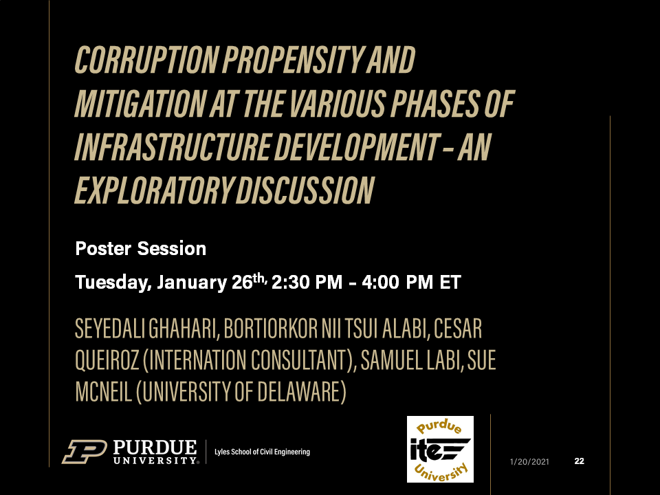 Purdue colleagues virtually presenting various Lecturn, workshops, and Poster Sessions at the 2021 TRB Annual Meeting. @NASEMTRB  @PurdueCE  @JTRP1937  @CCATPurdue  @ITEhq  @IndianaIte