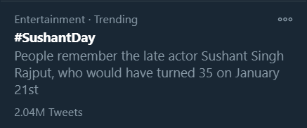 Track Twitter on our beloved Sushant Singh Rajput birthday.  #SushantDay 10:00pm :2.04M for  #SushantDay (Moments back it was 2.23M for  #SushantDay)