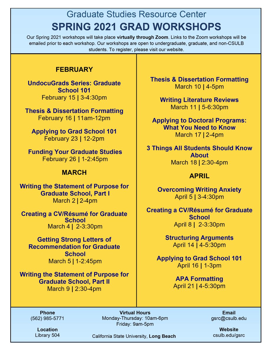 Our list of Spring 2021 workshops is now available! We are offering workshops on applying to grad school, preparing your application materials, and academic writing for grad students.

For details, please visit our website:

csulb.edu/graduate-studi…