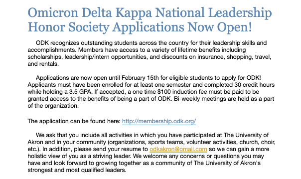 odkakron's tweet photo. The University of Akron's chapter of Omicron Delta Kappa is accepting applications now through February 15, 2021. Please apply if you have been enrolled for at least one semester and have completed 30 credit hours while holding a 3.5 GPA. https://t.co/fCqlbHUyFV