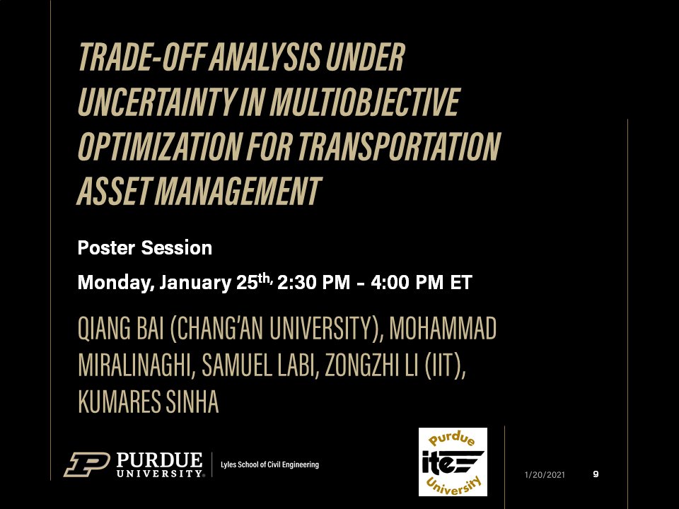 Purdue colleagues virtually presenting various Lecturn, workshops, and Poster Sessions at the 2021 TRB Annual Meeting. @NASEMTRB  @PurdueCE  @JTRP1937  @CCATPurdue  @ITEhq  @IndianaIte