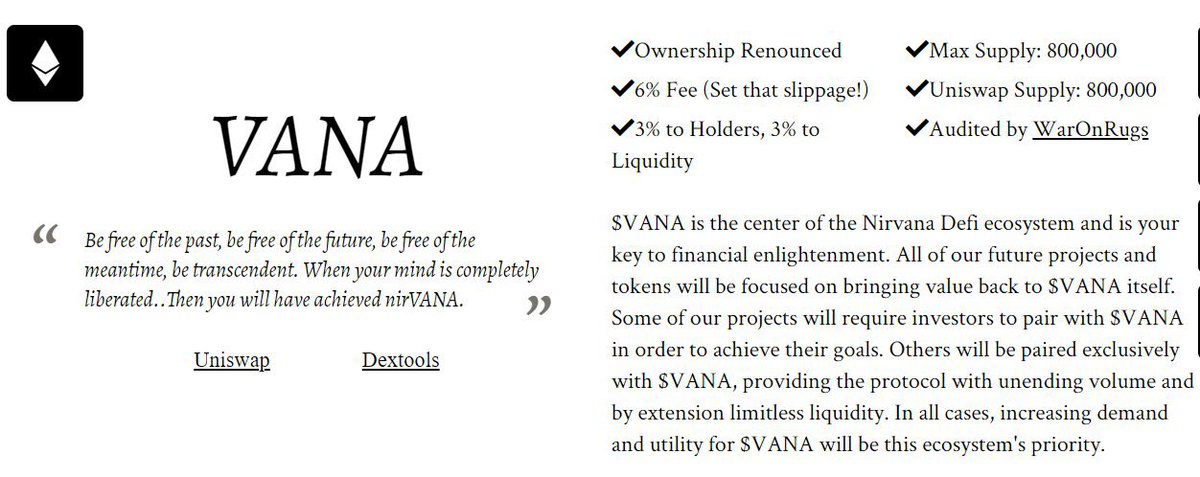 Some facts about $VANA, Which is the brain and centre of the ecosystem : 

- Total supply 800,000
- 6% fee (3% liquidity - 3% holders)
- All the future products will focus on bringing more value to $VANA 
- Audited by @WARONRUGS 

Check them out and DYOR 👌🏻 <a href="/NirvanaDefi/">Nirvana Defi</a>