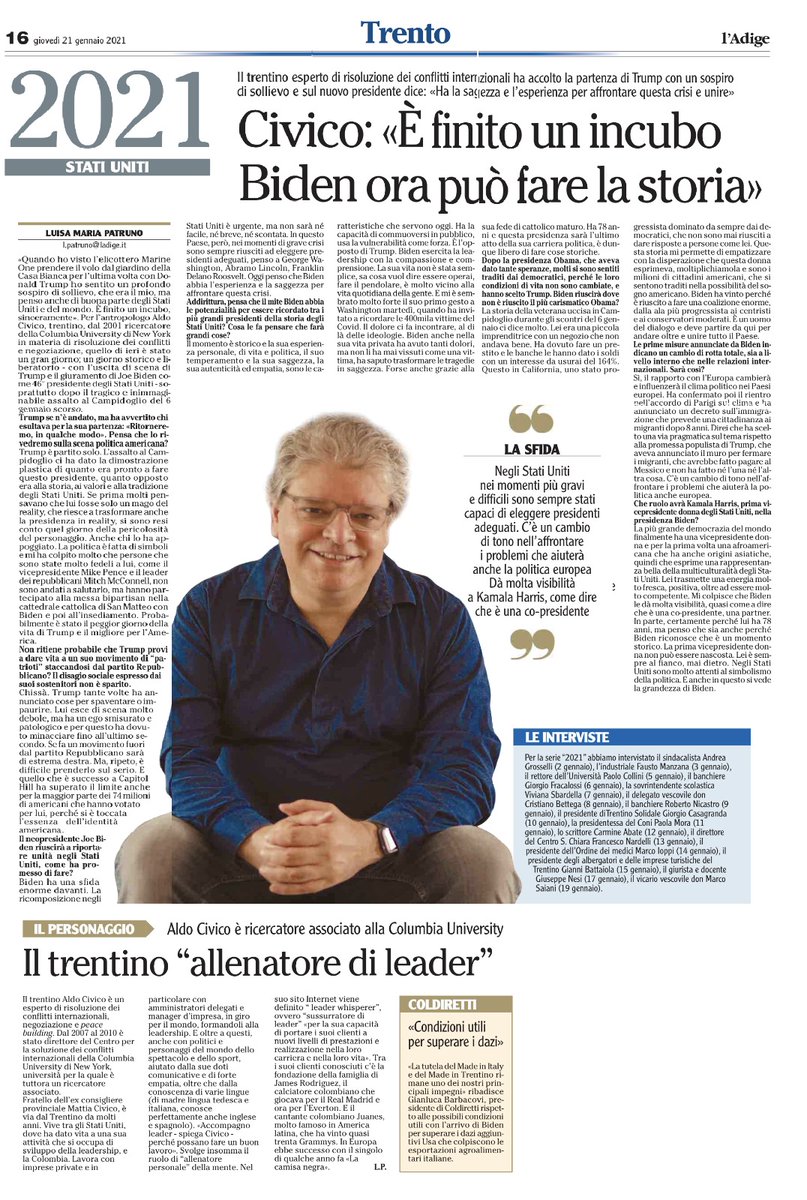 Oggi su <a href="/giornaleladige/">l'Adige</a>, intervista di <a href="/patrunoladige/">Luisa Maria Patruno</a>, il mio fratellone dice la sua su Biden, Trump e l'America. Condivido e quindi condivido. Alcune cose risuonano anche qui da noi.... Bravo <a href="/acivico/">Aldo Civico, Ph.D.</a>