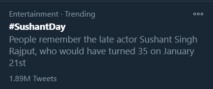 Track Twitter on our beloved Sushant Singh Rajput birthday.  #SushantDay 10:04pm :1.89M for  #SushantDay