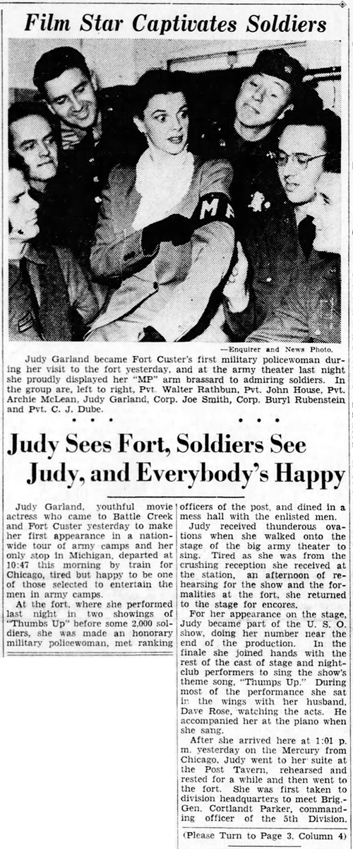TheJudyRoom's tweet photo. January 21, 1942: Judy & husband David Rose arrived in Battle Creek, MI, en route to nearby Fort Custer where they entertained the troops as part of a USO show titled "Thumbs Up."
#judygarland #davidrose #USO #usotours #battlecreek #michigan #chicago #fortcuster #thejudyroom https://t.co/GvoJUzZAkf