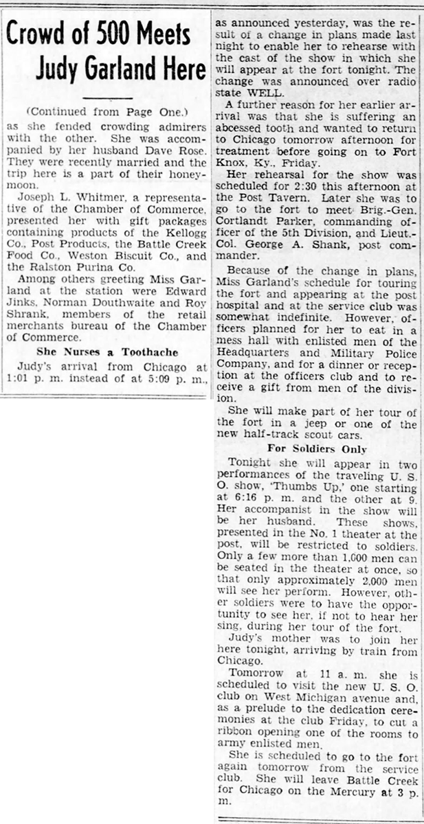 TheJudyRoom's tweet photo. January 21, 1942: Judy & husband David Rose arrived in Battle Creek, MI, en route to nearby Fort Custer where they entertained the troops as part of a USO show titled "Thumbs Up."
#judygarland #davidrose #USO #usotours #battlecreek #michigan #chicago #fortcuster #thejudyroom https://t.co/GvoJUzZAkf