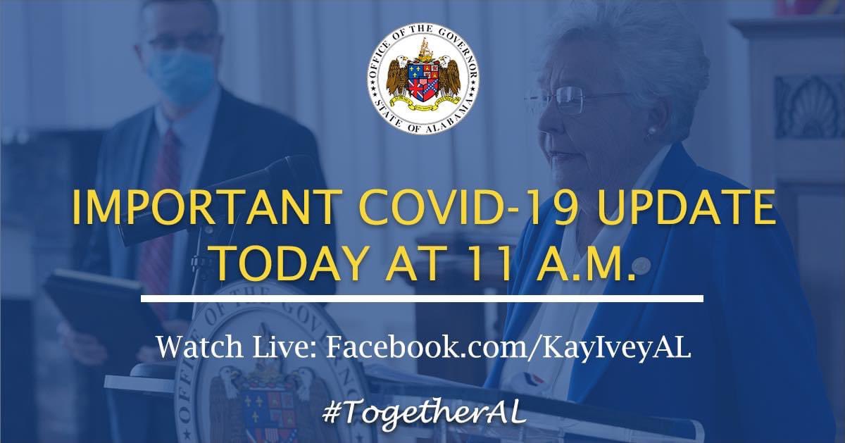 GovernorKayIvey's tweet photo. I’ll be providing an update on our state’s #COVID19 efforts with Dr. Scott Harris today at 11 a.m. You can watch it live via https://t.co/Y9juKjW5io or your local news stations. #alpolitics #TogetherAL @ALPublicHealth https://t.co/xXOvA5IG1b