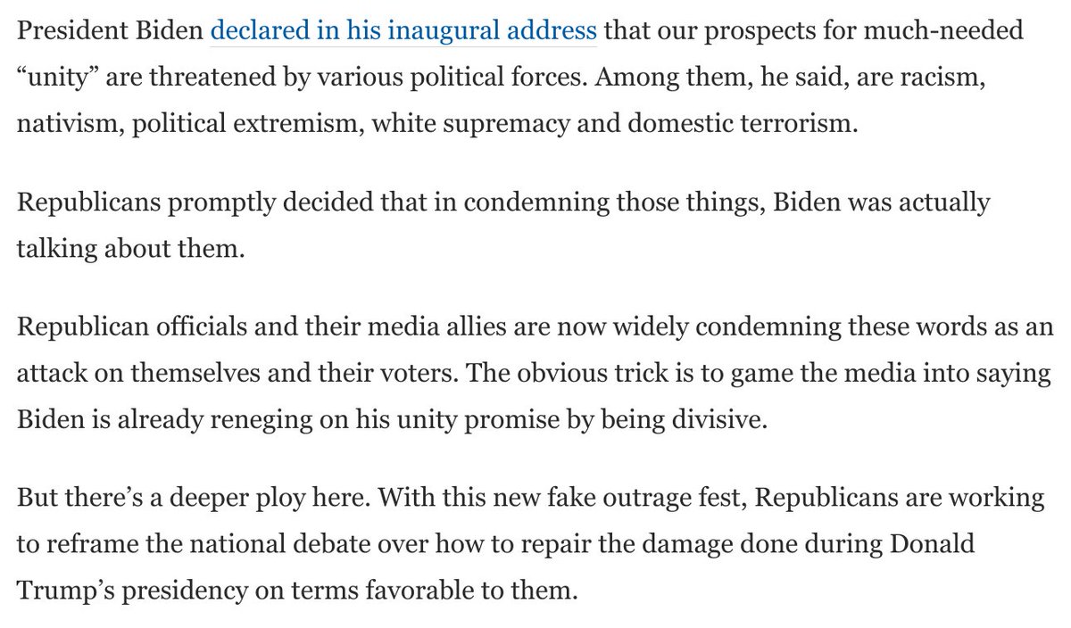 It's bizarre. Biden called out racism, white supremacy, and domestic terrorism.Republicans promptly decided that in condemning those things, Biden was actually talking about them.This may seem like standard bad faith. But there's a deeper ploy here: https://www.washingtonpost.com/opinions/2021/01/21/gop-response-biden-speech-unity/
