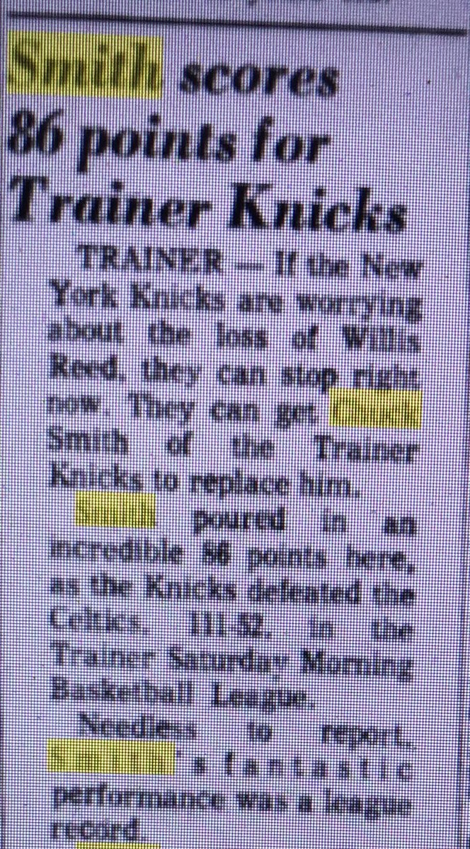 csmith191919's tweet image. Looking for something totally unrelated in the local news archive, but found my old man scoring 86 points in a basketball game. Gonna bury that so he doesn’t get too full of himself after 50 years 🤣🤣