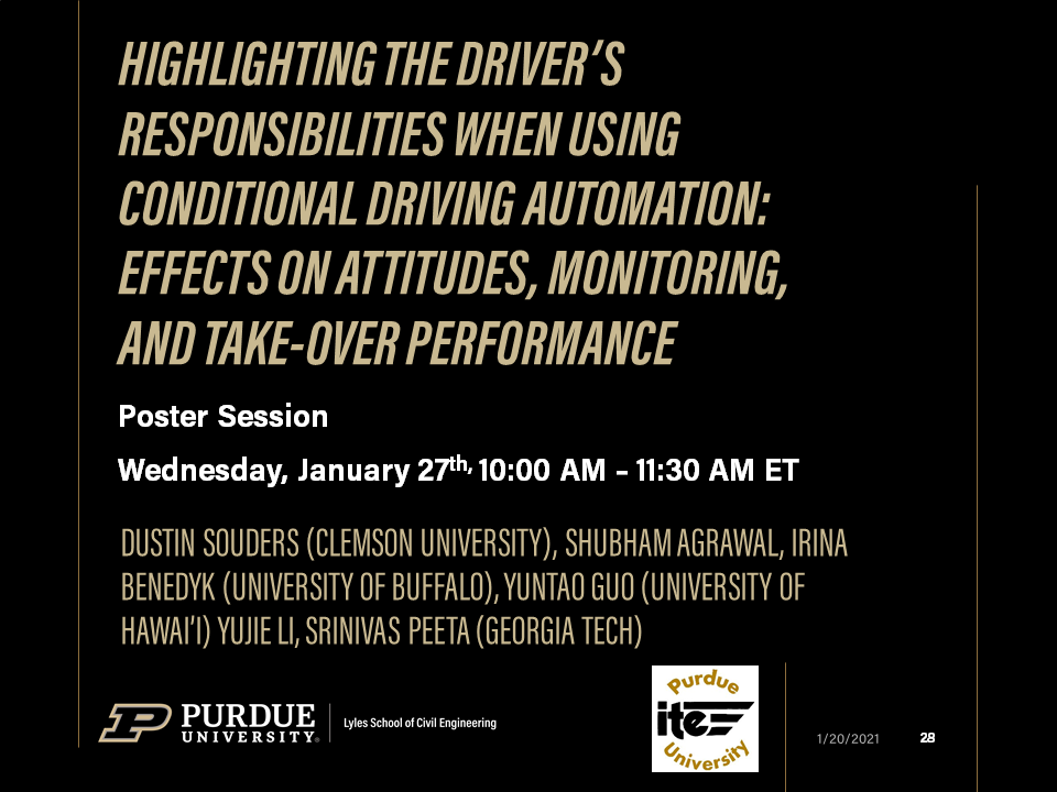 Purdue colleagues virtually presenting various Lecturn, workshops, and Poster Sessions at the 2021 TRB Annual Meeting. @NASEMTRB  @PurdueCE  @JTRP1937  @CCATPurdue  @ITEhq  @IndianaIte