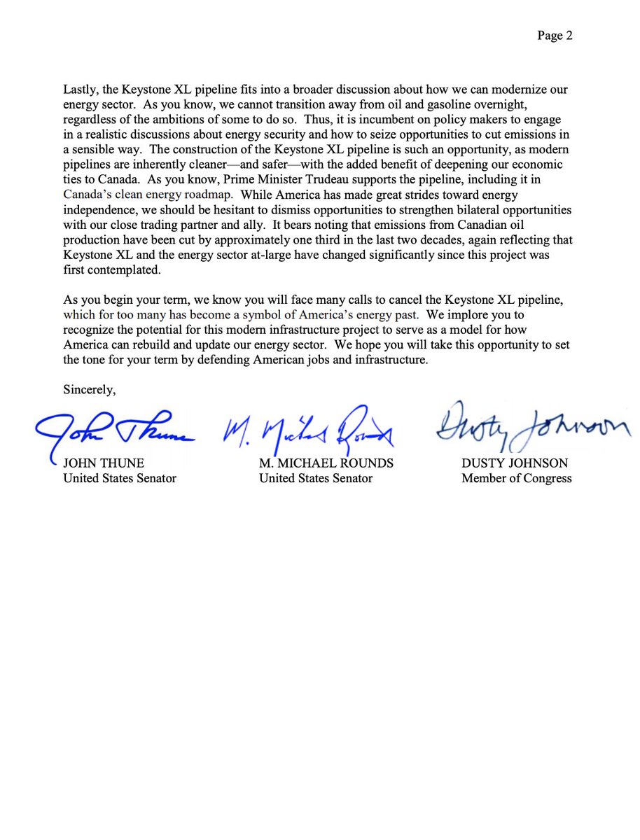 Disappointing to see the new admin jump at the first opportunity to eliminate a project that provides high-paying jobs to 11,000 Americans &amp; bolsters energy security. Blocking the Keystone XL pipeline — after years of work already put in— is a bad decision. SD delegation letter👇🏻