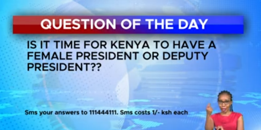 switchtvkenya's tweet photo. QUESTION OF THE DAY:

Is it time for Kenya to have a female President or deputy President? #TippingPointKe @LincolnWambugu 
SMS 111444111 https://t.co/wfEP2w4N8A