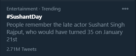 Track Twitter on our beloved Sushant Singh Rajput birthday.  #SushantDay 10:11pm :2.71M for  #SushantDay