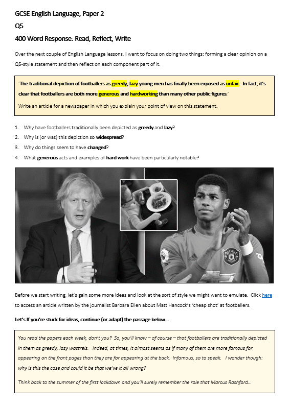 DoWise's tweet photo. Read, write, reflect. 400ish words. Paper 2, Q5.

1⃣ Read the statement
2⃣ Reflect on key aspects of it
3⃣ Do some more reading 
4⃣ Move onto the planning 
5⃣ Get writing 

Template here if wanted >> https://t.co/EnjGvk8UMn #TeamEnglish https://t.co/UvoWWK2HNE