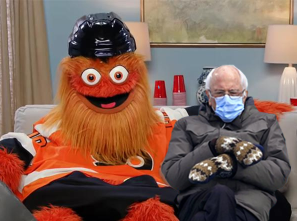 Photoshopped image of Gritty and Bernie Sanders sitting together on a couch